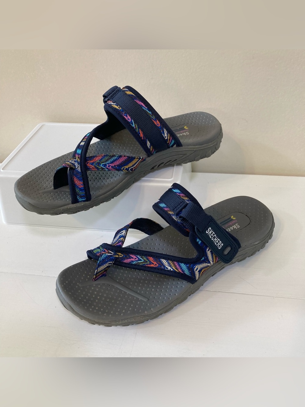 Skechers Womens Reggae Zip Swag Sz 9 Navy Sandals